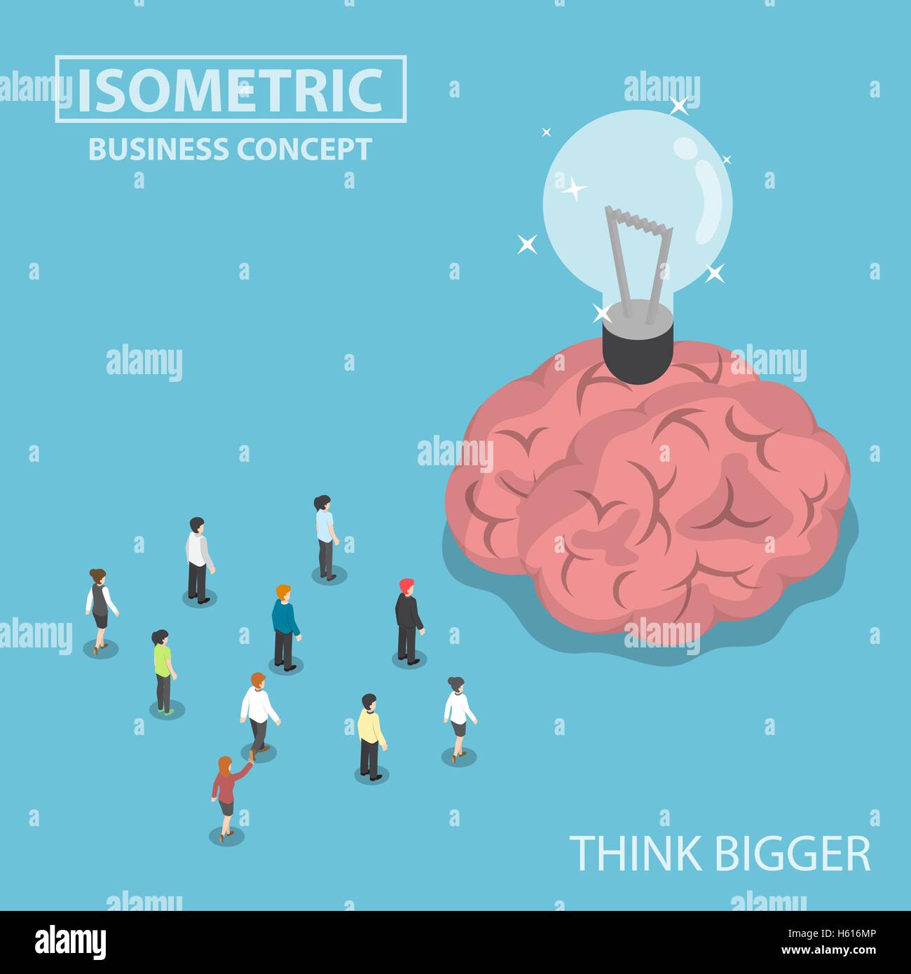Business isometrica persone in piedi di fronte alla grande cervello e lampadina della luce di idea, pensa in grande concetto Illustrazione Vettoriale