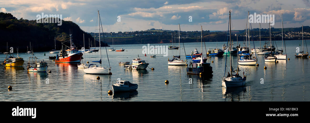 GB - DEVON: Porto esterno a Brixham con il Elberry Cove cozza letti in background Foto Stock