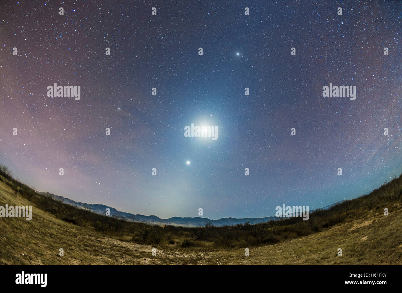 La luce zodiacale di un tardo autunno/inizio inverno mattina debolmente visibile in mezzo al chiaro di luna dal scemando falce di luna, a ce Foto Stock