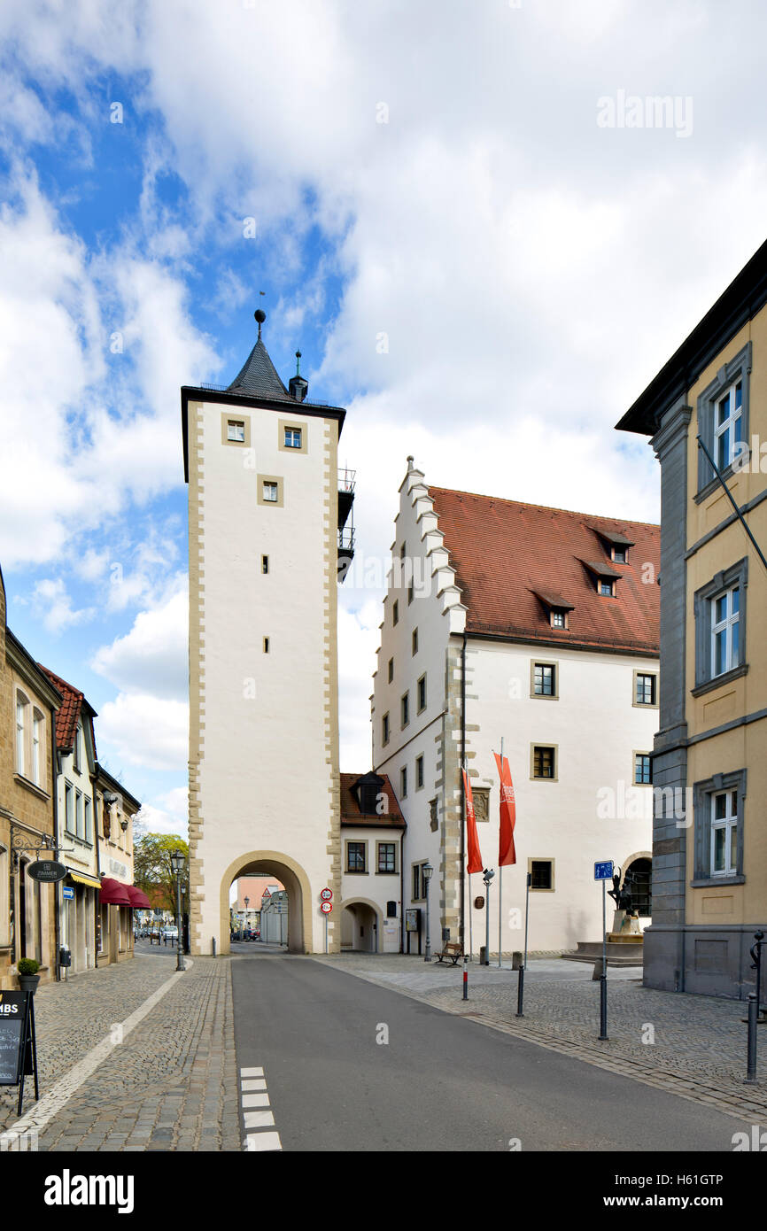 Torre superiore, Bamberger Tor, gate, fortificazione medievale, ad Hassfurt, bassa Franconia, Baviera, Germania Foto Stock