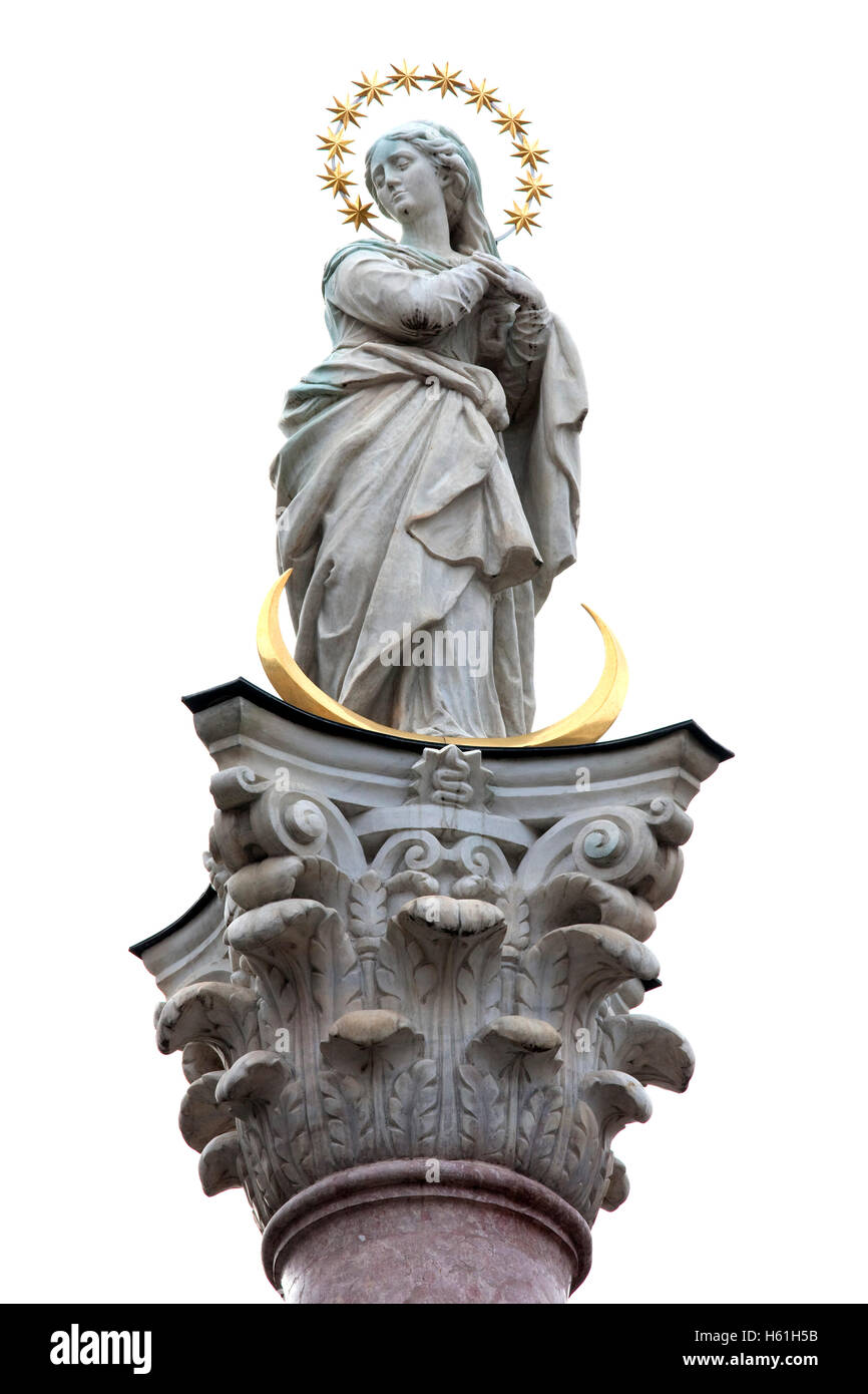 Vergine Maria, statua sulla colonna Annasaeule, capoluogo Innsbruck in Tirolo, Austria, Europa Foto Stock