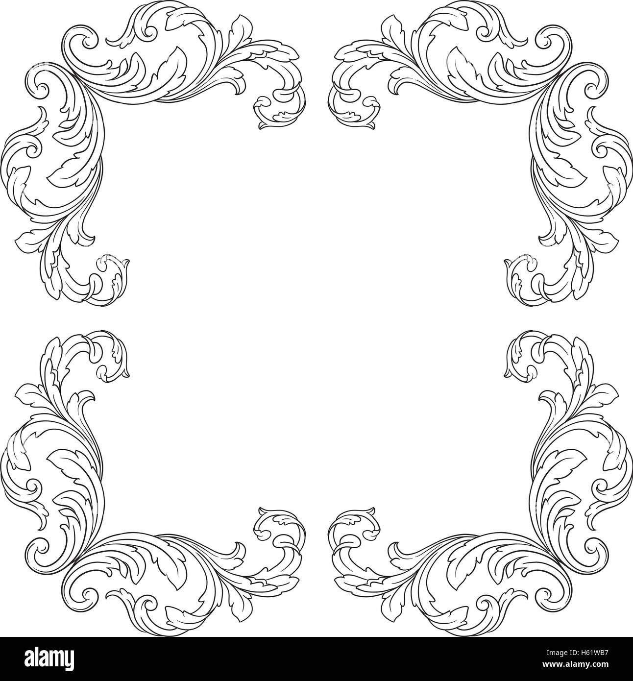 Vintage cornice barocca cartiglio incisione floreale di confine modello rétro in stile antico foglie di acanto swirl desi decorativi Illustrazione Vettoriale