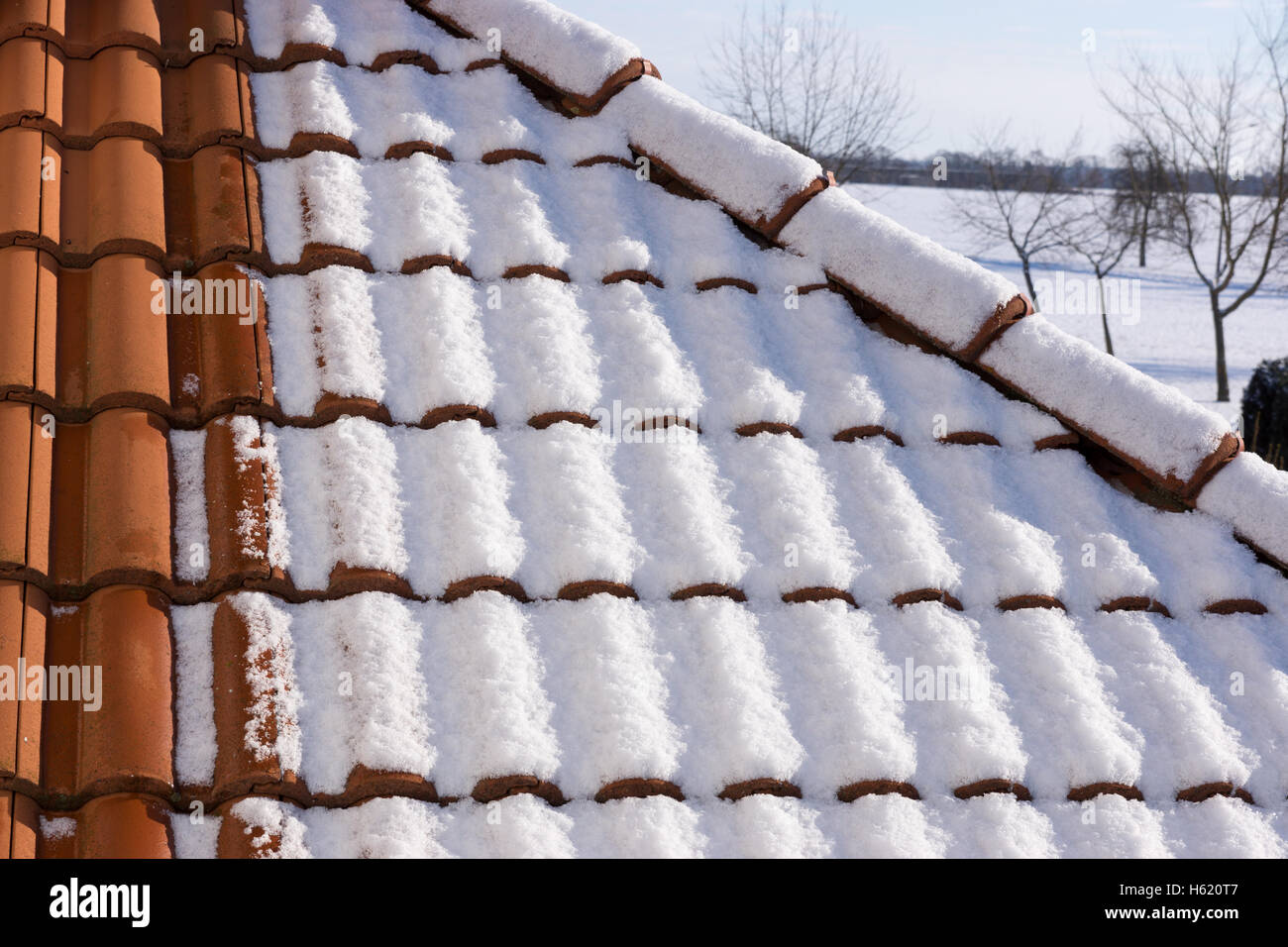Neve sul tetto. Scena invernale Foto Stock