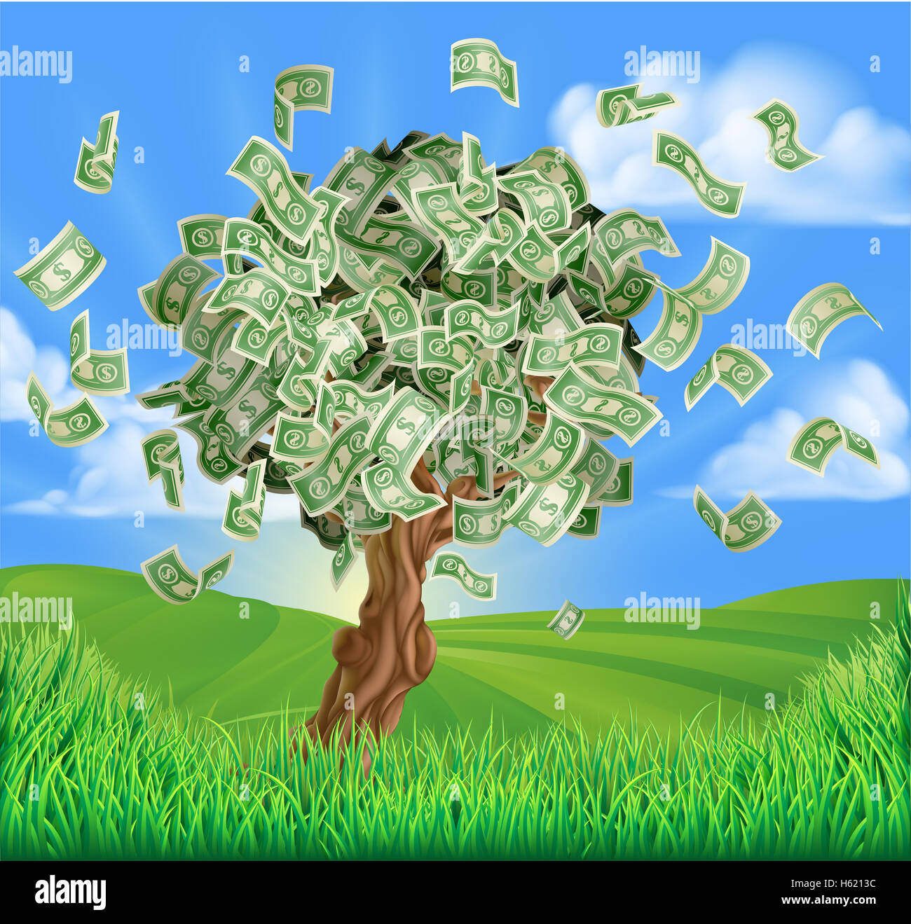 Una illustrazione concettuale di un albero che cresce il denaro con idilliache colline sullo sfondo del paesaggio Foto Stock
