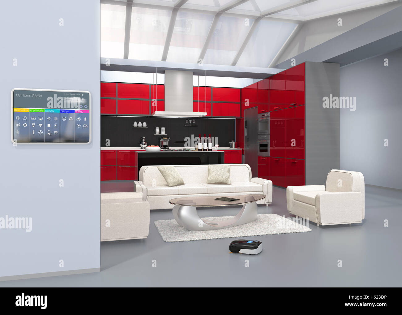 Home automation il pannello di controllo sul muro di cucina. Il rendering 3D'immagine. Foto Stock