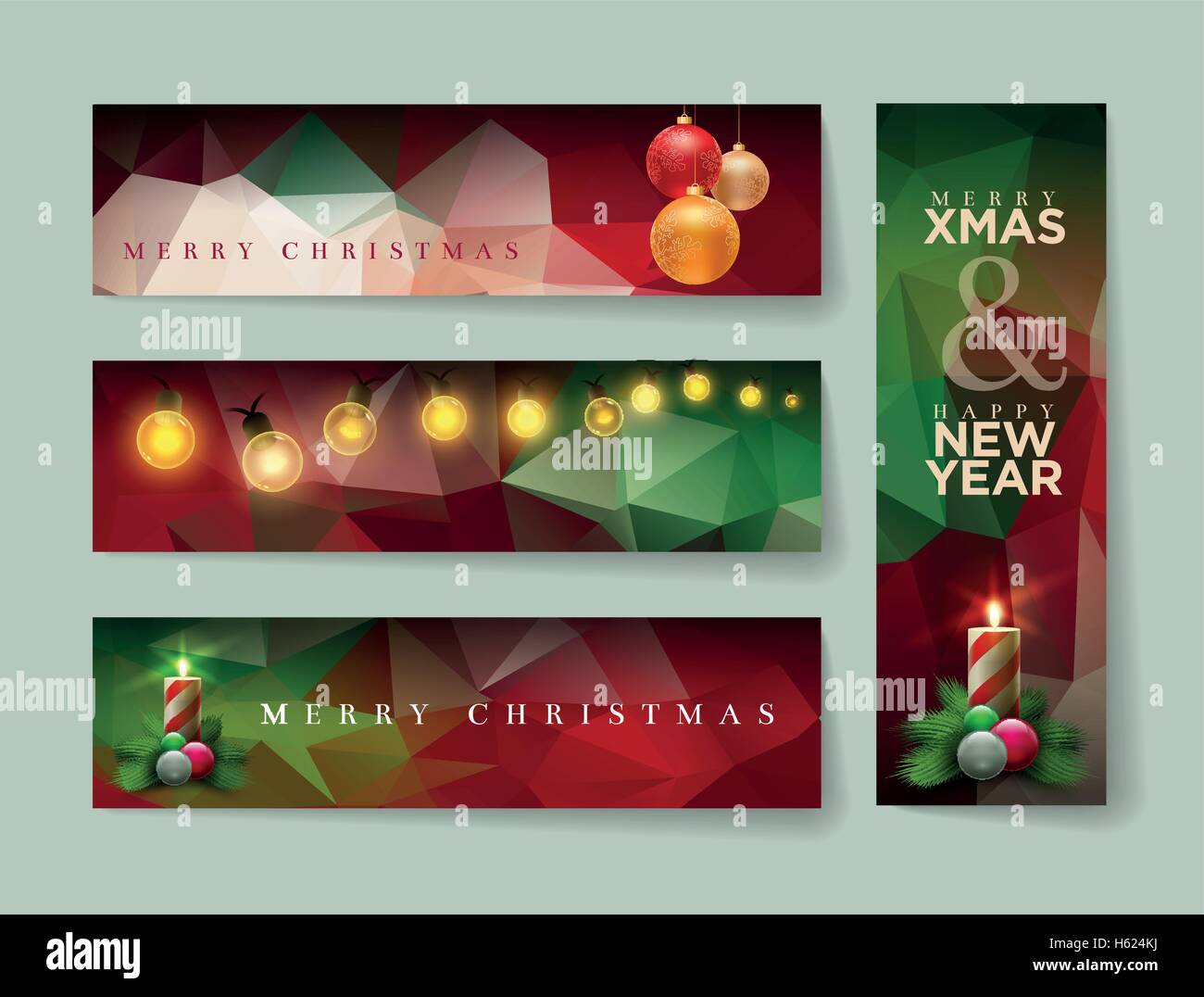 Vettore banner di Natale design con abstract sfondo poligonale. Orizzontale e verticale il design del modello di serie. Illustrazione Vettoriale