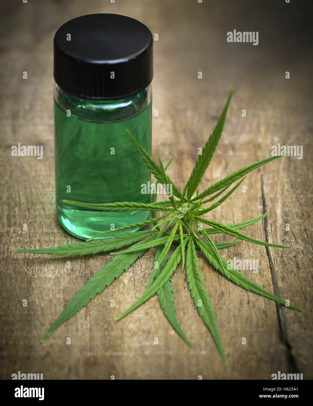 La cannabis medicinale foglie con olio estratto in una bottiglia Foto Stock