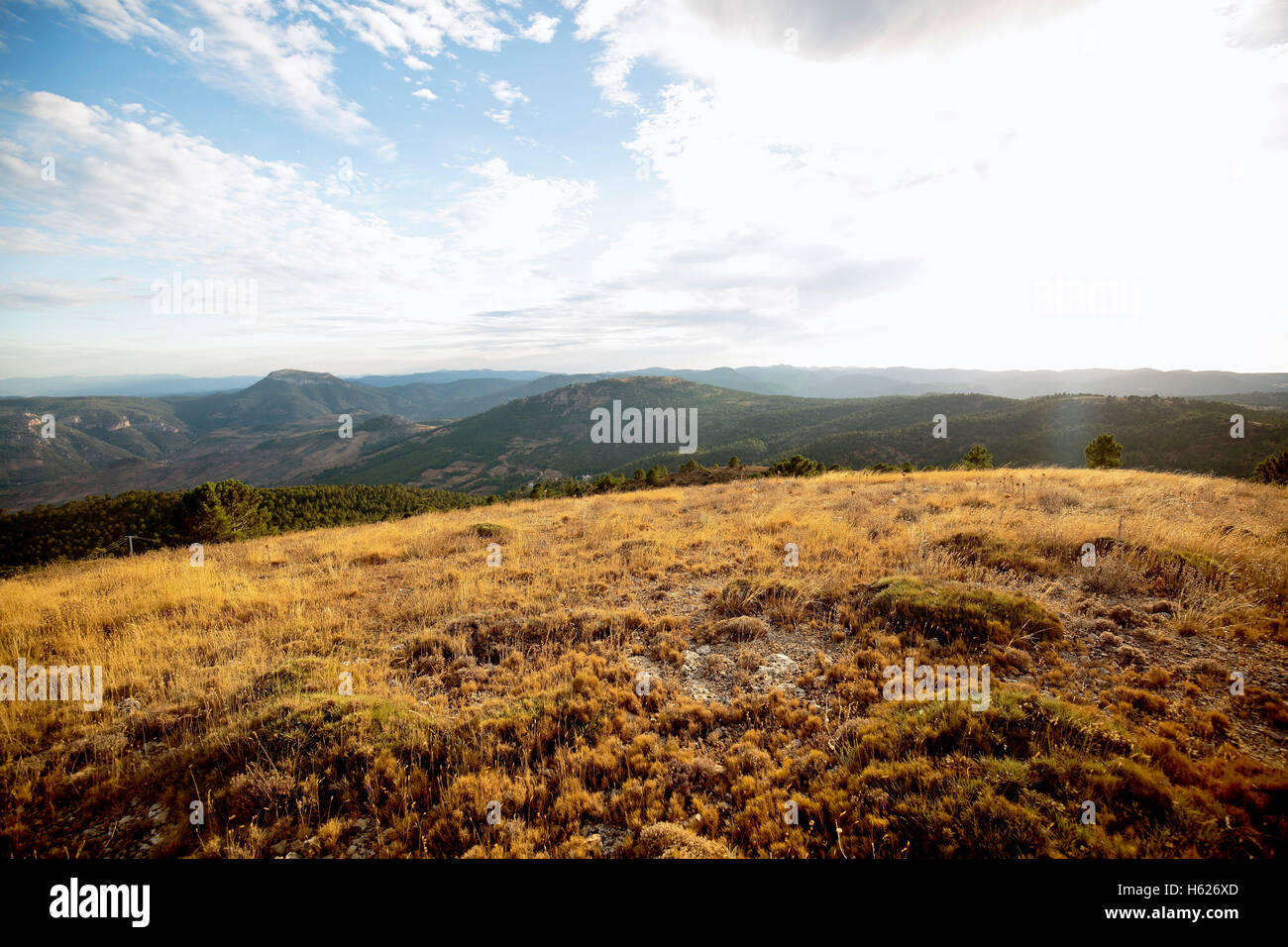 Paesaggio di montagne della Sierra de Segura, Bogarra, Albacete, Spagna. Cattura orizzontale. Foto Stock