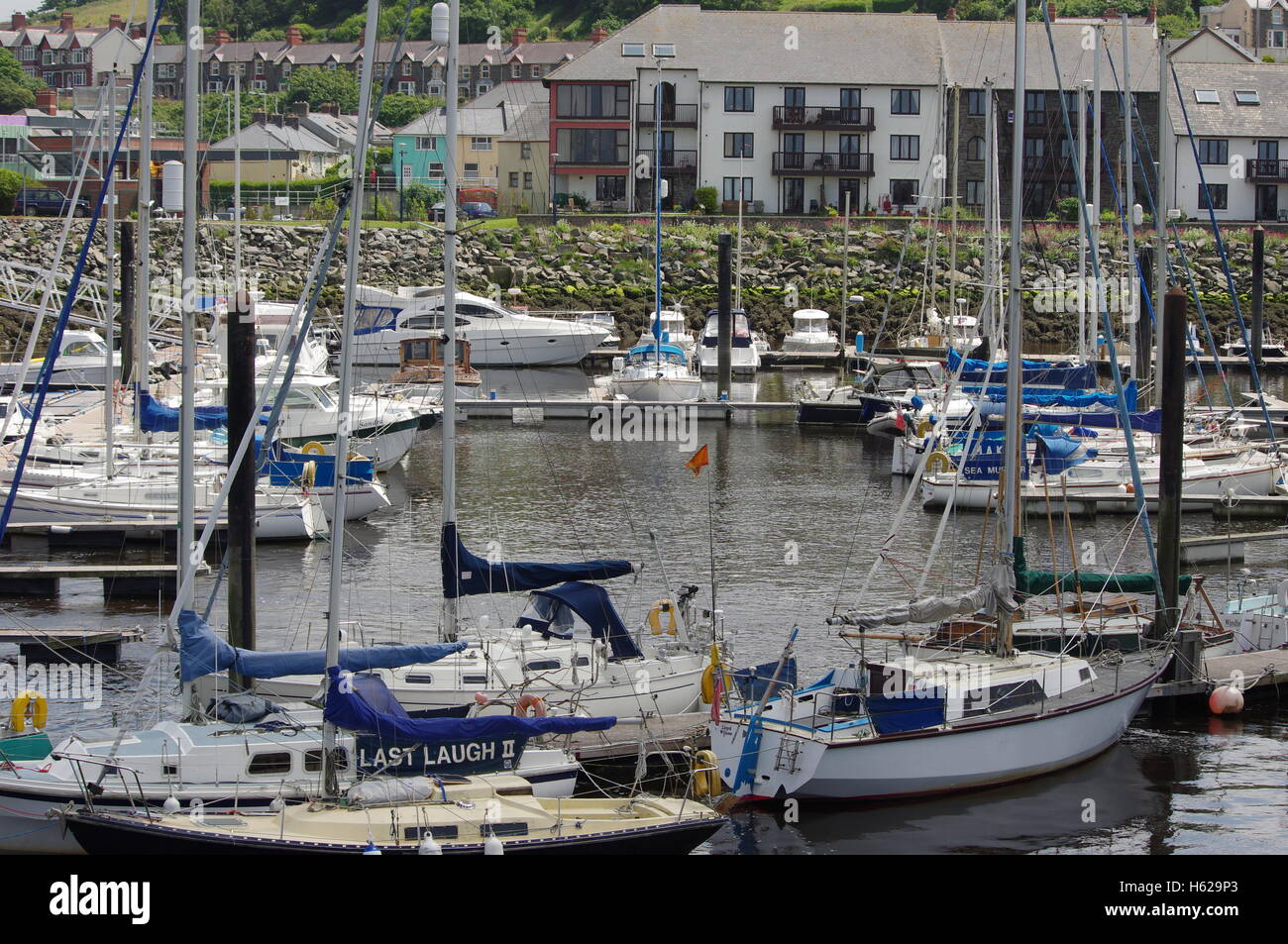 Vista su barche a Aberystwyth Harbour / Marina rivolta verso Y Lanfa, Trefechen. Foto Stock