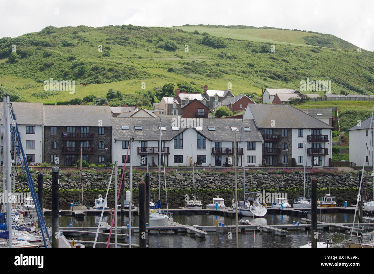 Vista su barche a Aberystwyth Harbour / Marina rivolta verso Y Lanfa, Trefechen , colline nel banground. Foto Stock