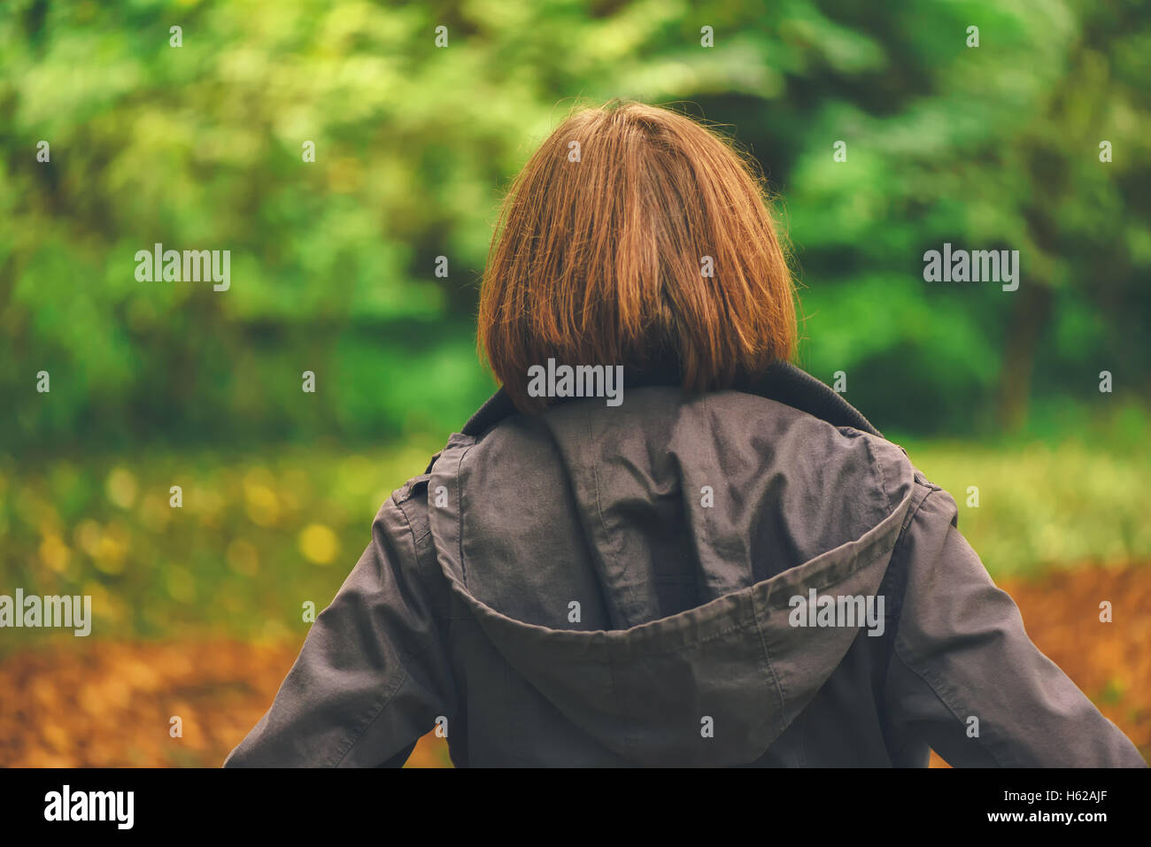 Vista posteriore del casual donna camminando in autunno o parco foresta, donna in caduta stagione ambiente scenario da dietro Foto Stock