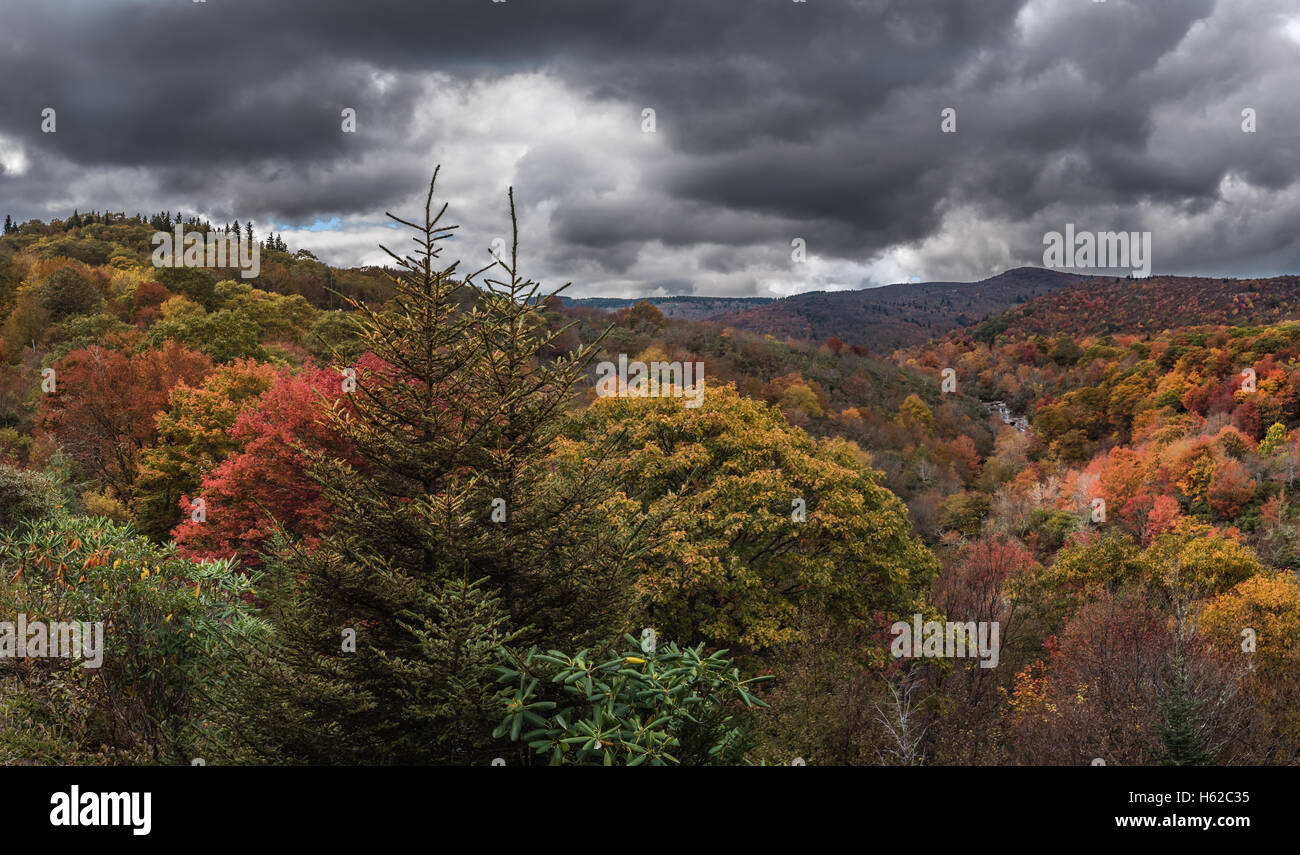 Nuvole scure sopra i campi del cimitero come cambiare le foglie in autunno Foto Stock