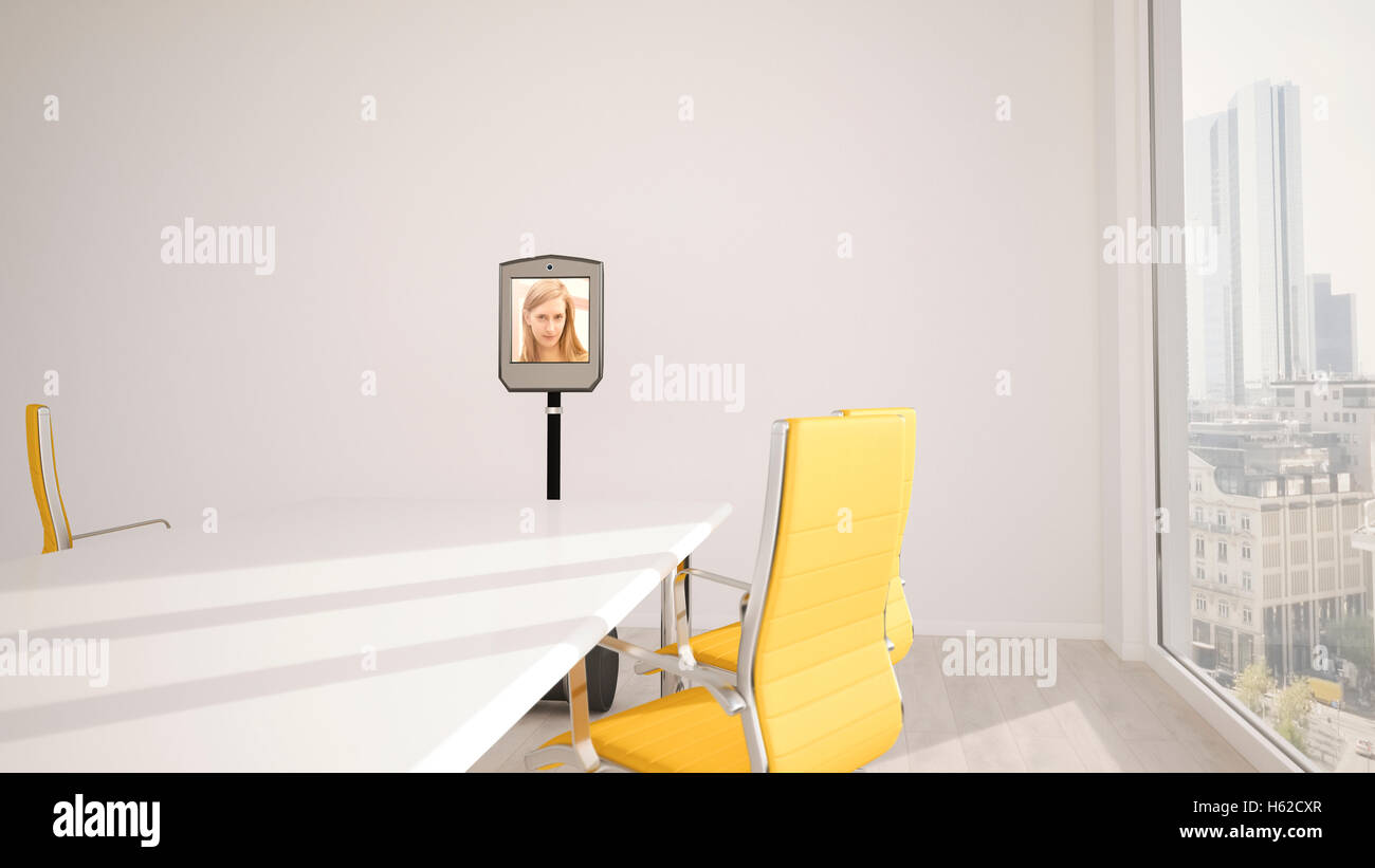 Donna sul tablet guardare la schermata vuota sala conferenza Foto Stock