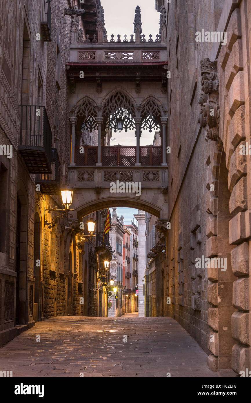 Spagna, Barcellona, vista al Ponte dei Sospiri al quartiere Gotico Foto Stock