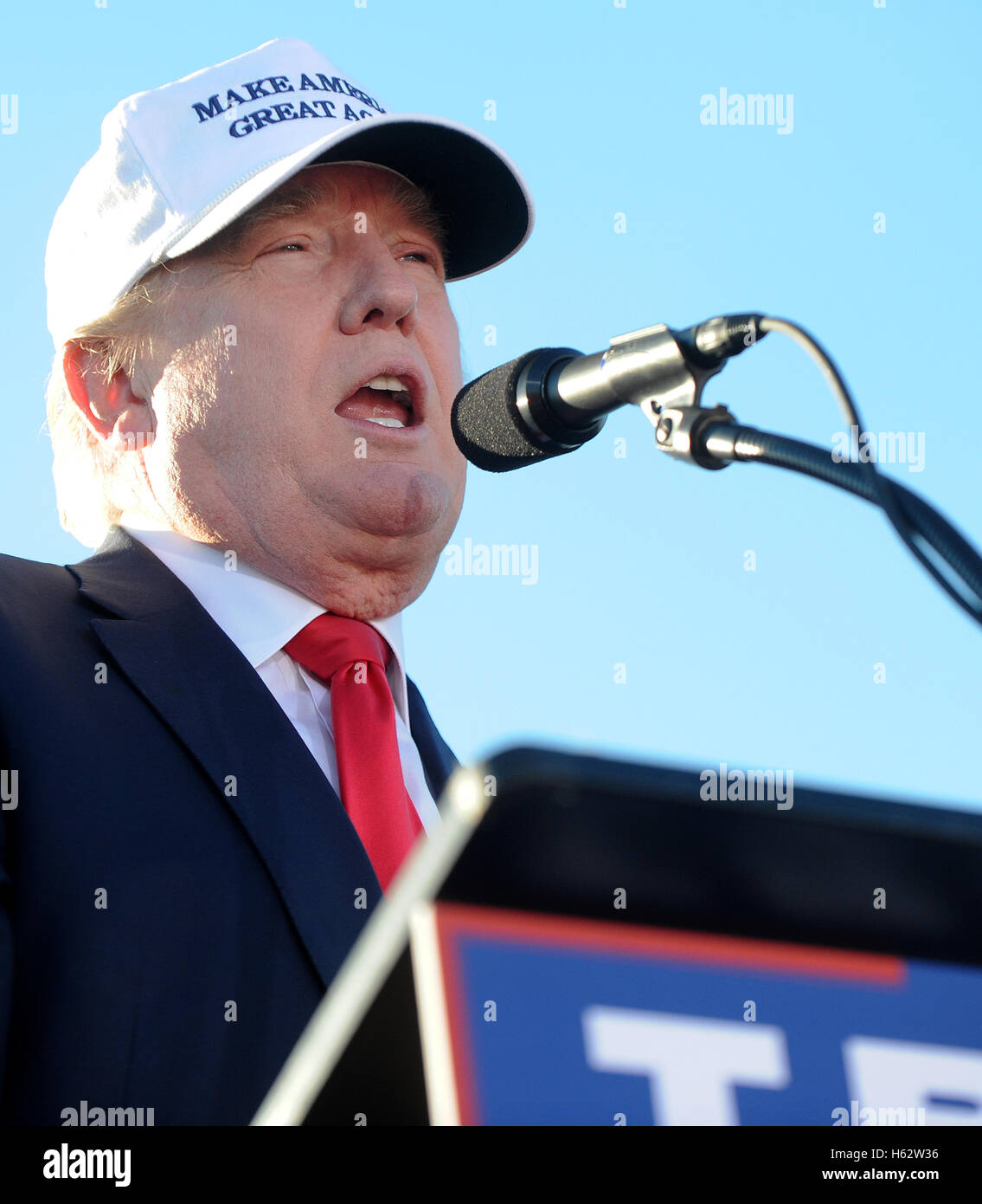 Naples, Florida, Stati Uniti d'America. 23 Ott, 2016. - Repubblicano candidato presidenziale Donald Trump parla di una campagna al rally Collier County Fairgrounds in Naples, Florida il 23 ottobre 2016. Con soli 16 giorni fino al novembre elezione, Trump inizia una due giorni di cinque città-campagna oscillare attraverso Florida con ulteriori fermate in Sant'Agostino, Tampa, Sanford e Tallahassee. Credito: Paul Hennessy/Alamy Live News Foto Stock