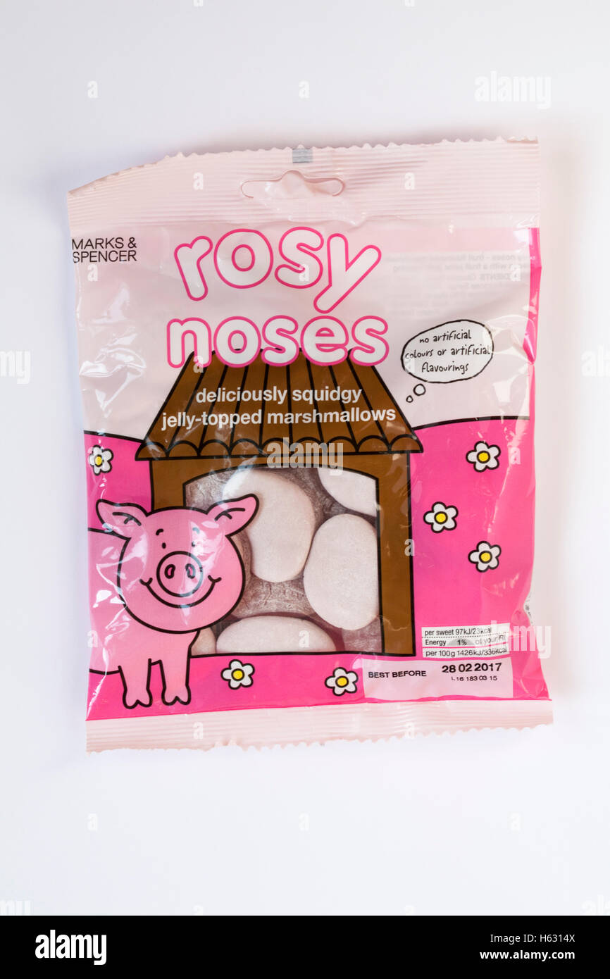 Borsa di Marks & Spencer rosy nasi dolci isolati su sfondo bianco Foto Stock