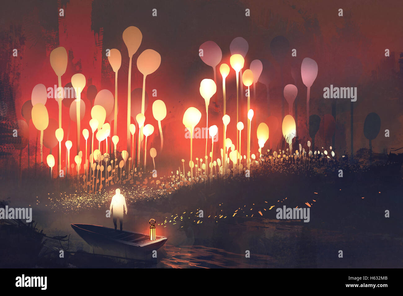 Paesaggio notturno di fantasy forest con alberi incandescente e uomo in barca,illustrazione pittura Foto Stock