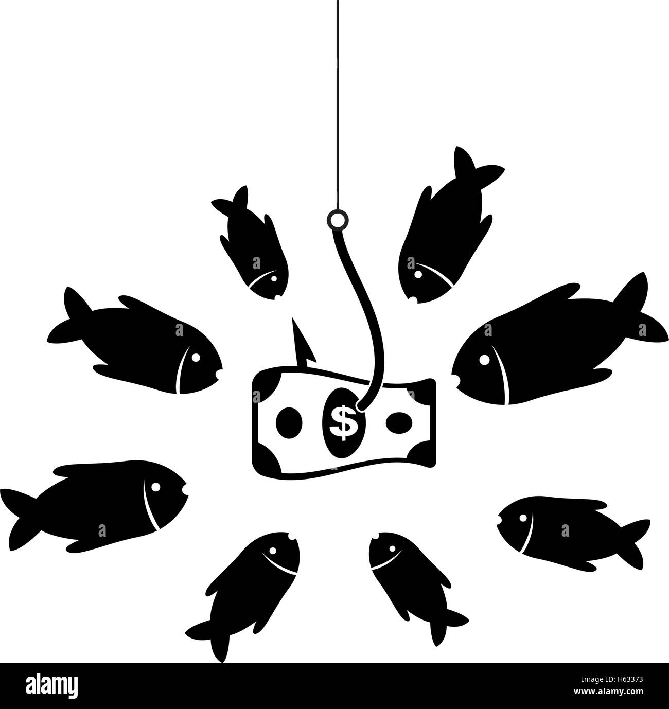 Il vettore in bianco e nero simbolo di business con gancio, esche e affamati e pesci in tentazione per la cattura di un dollaro Illustrazione Vettoriale