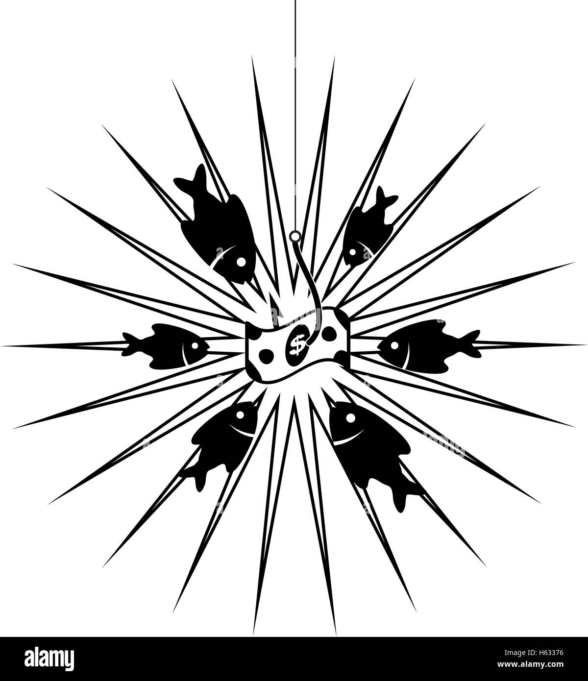 Il vettore in bianco e nero simbolo di business con gancio, esche e affamati e pesci in tentazione per la cattura di un dollaro lucido Illustrazione Vettoriale