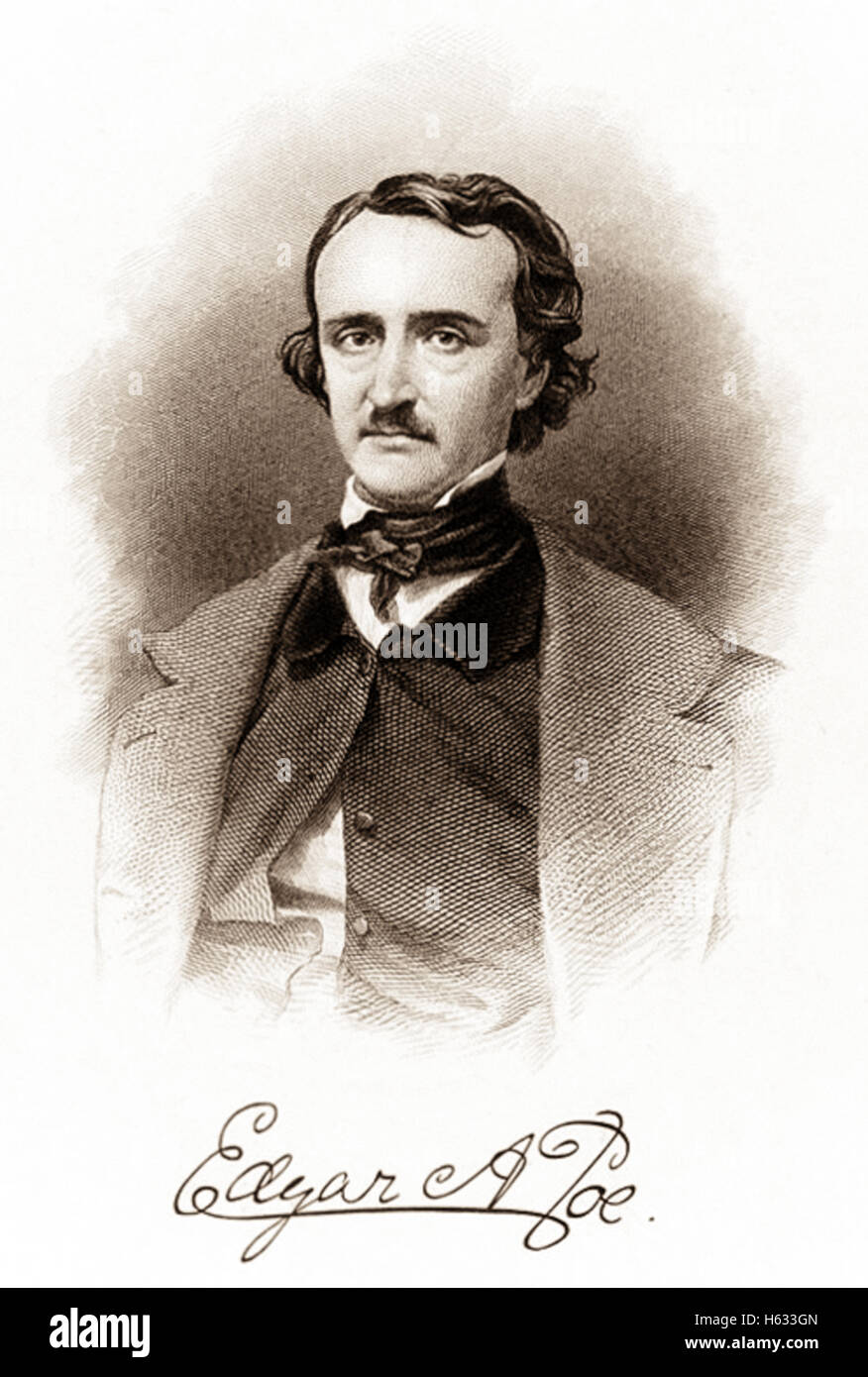 Ritratto e la firma di Edgar Allan Poe (1809-1849), inciso da R. Andersen circa 1850. Vedere la descrizione per maggiori informazioni. Foto Stock