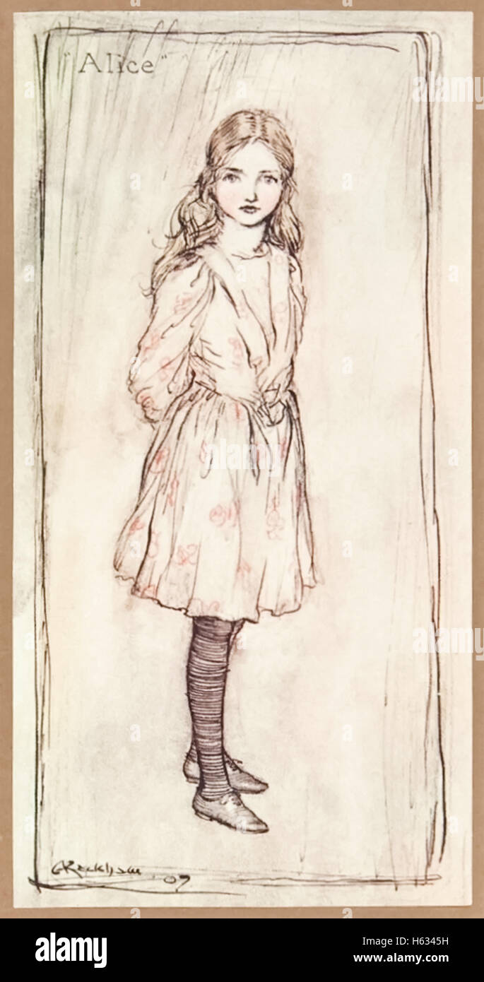 "Alice" da "Alice nel paese delle meraviglie, antiporta illustrata da Arthur Rackham (1867-1939), pubblicato nel 1907. Vedere la descrizione per maggiori informazioni. Foto Stock