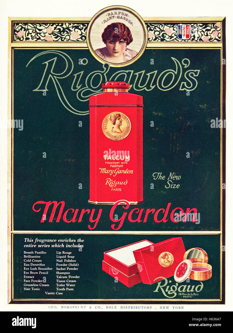 1920s annuncio pubblicitario dal vecchio originale vintage rivista americana datata 1921 pubblicità Maria Giardino Rigaud Il duomo di cosmetici Foto Stock
