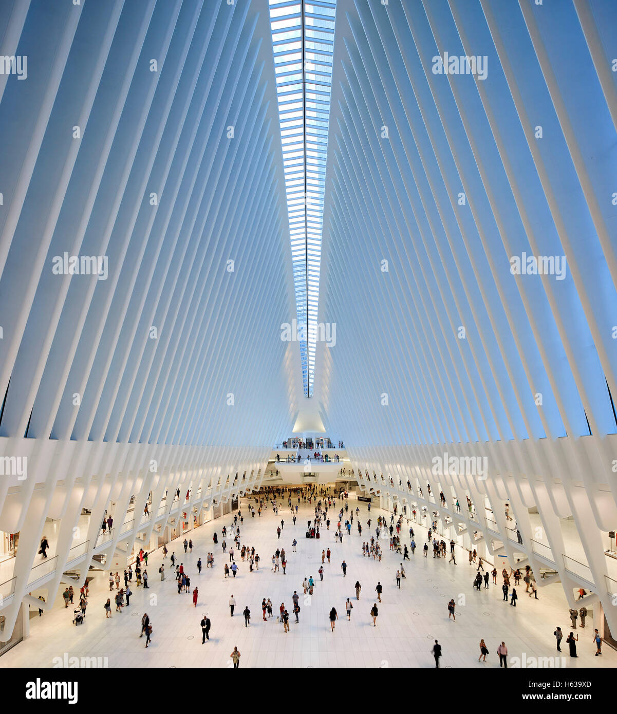 Simile ad una cattedrale hall di transito interno dalla piattaforma di visualizzazione sul livello della strada. L'occhio, World Trade Center Hub di trasporto, New York, Stati Uniti. L'Architetto Santiago Calatrava, 2016. Foto Stock