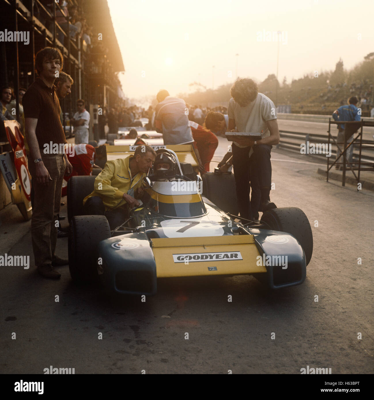 Tauranac con Graham Hill GP Italia BT34 Lobster Claw Brabham Montjuich Park Barcellona 1971 Foto Stock