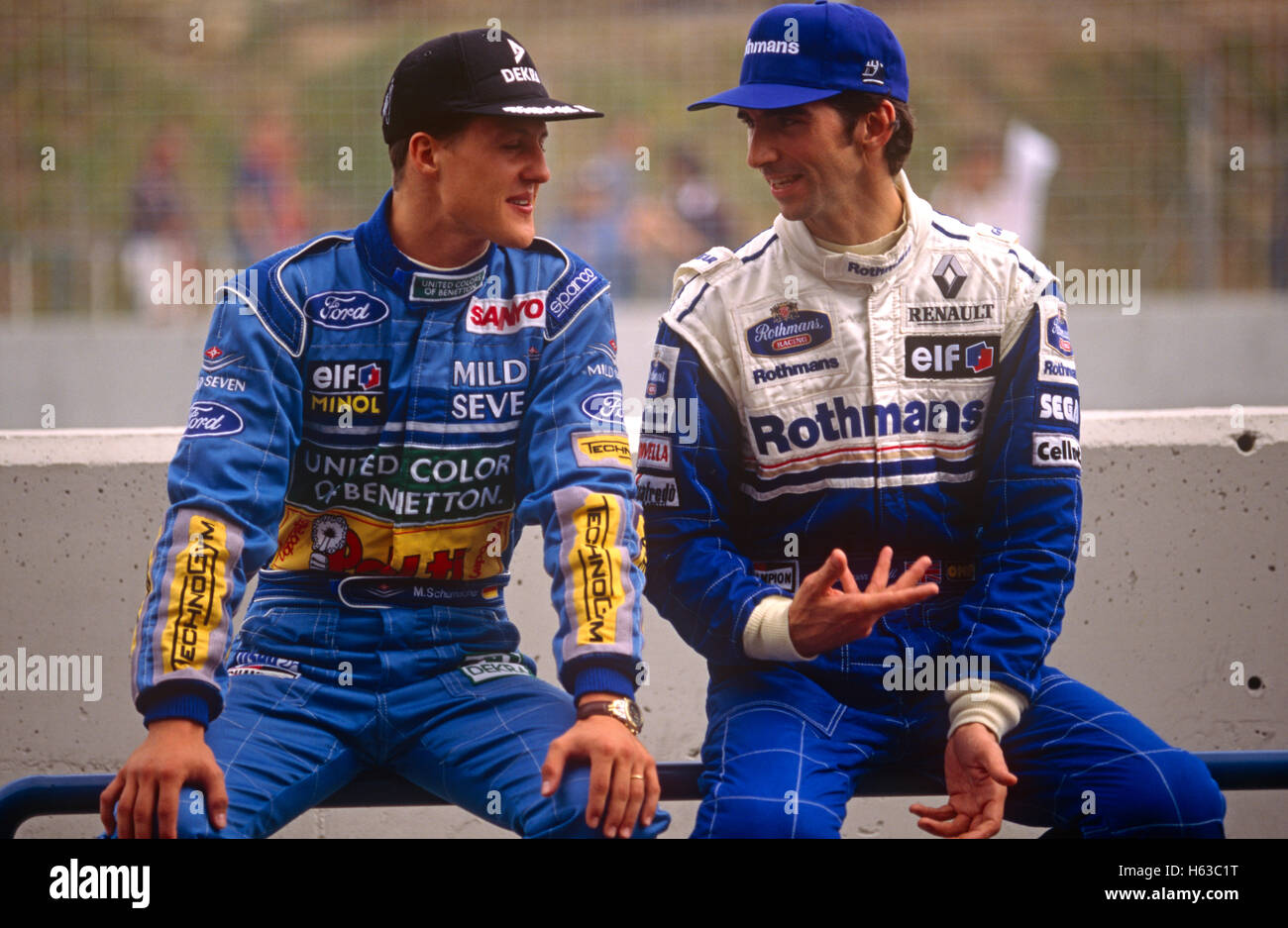 Ritratto di Michael Schumacher e Damon Hill 1994 Foto Stock
