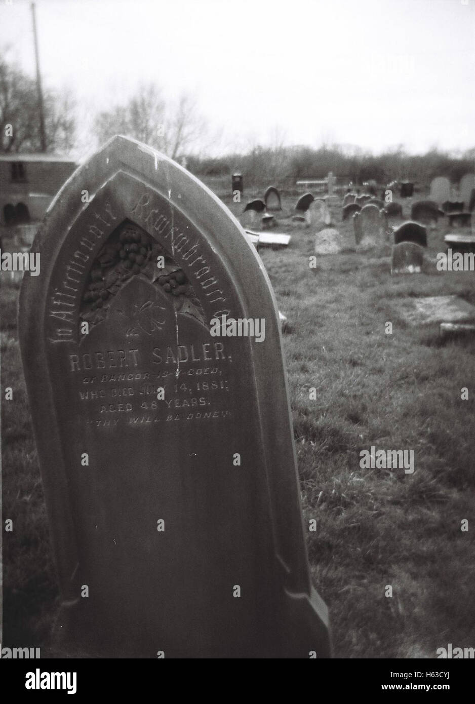 Cimitero abbandonato nel Regno Unito girato con una fotocamera Holga film e Kodak BW400 film in bianco e nero Foto Stock