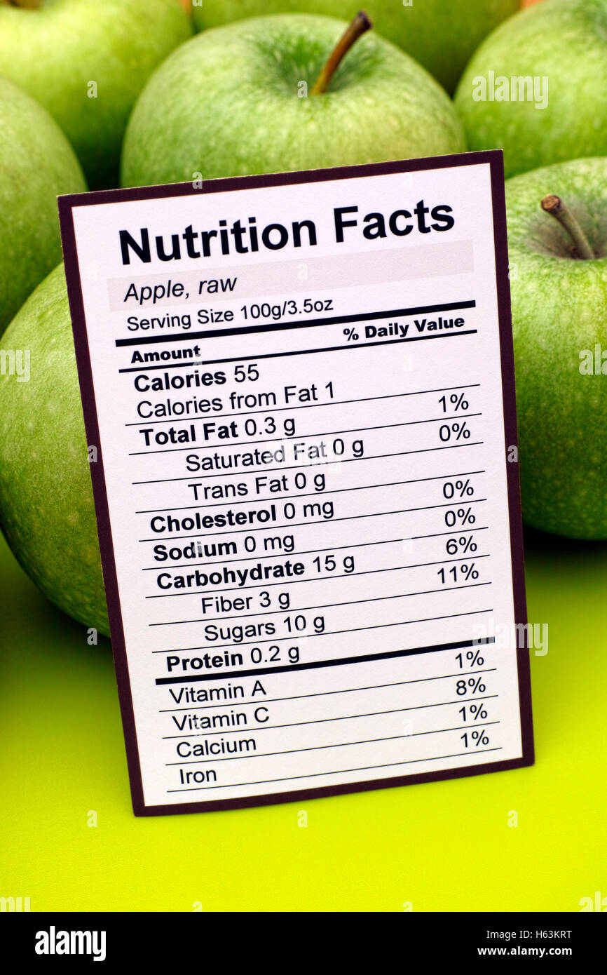 Fatti di nutrizione di mele verdi con alcune mele su sfondo verde. Foto Stock