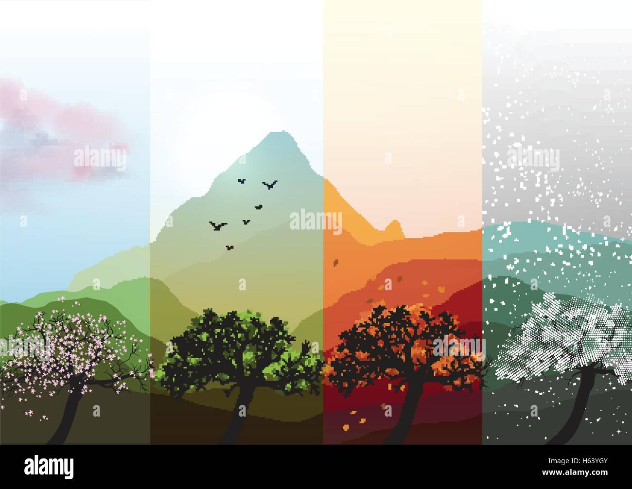 Four Seasons Banner Primavera, estate, autunno, inverno con alberi astratti - Illustrazione Vettoriale Illustrazione Vettoriale