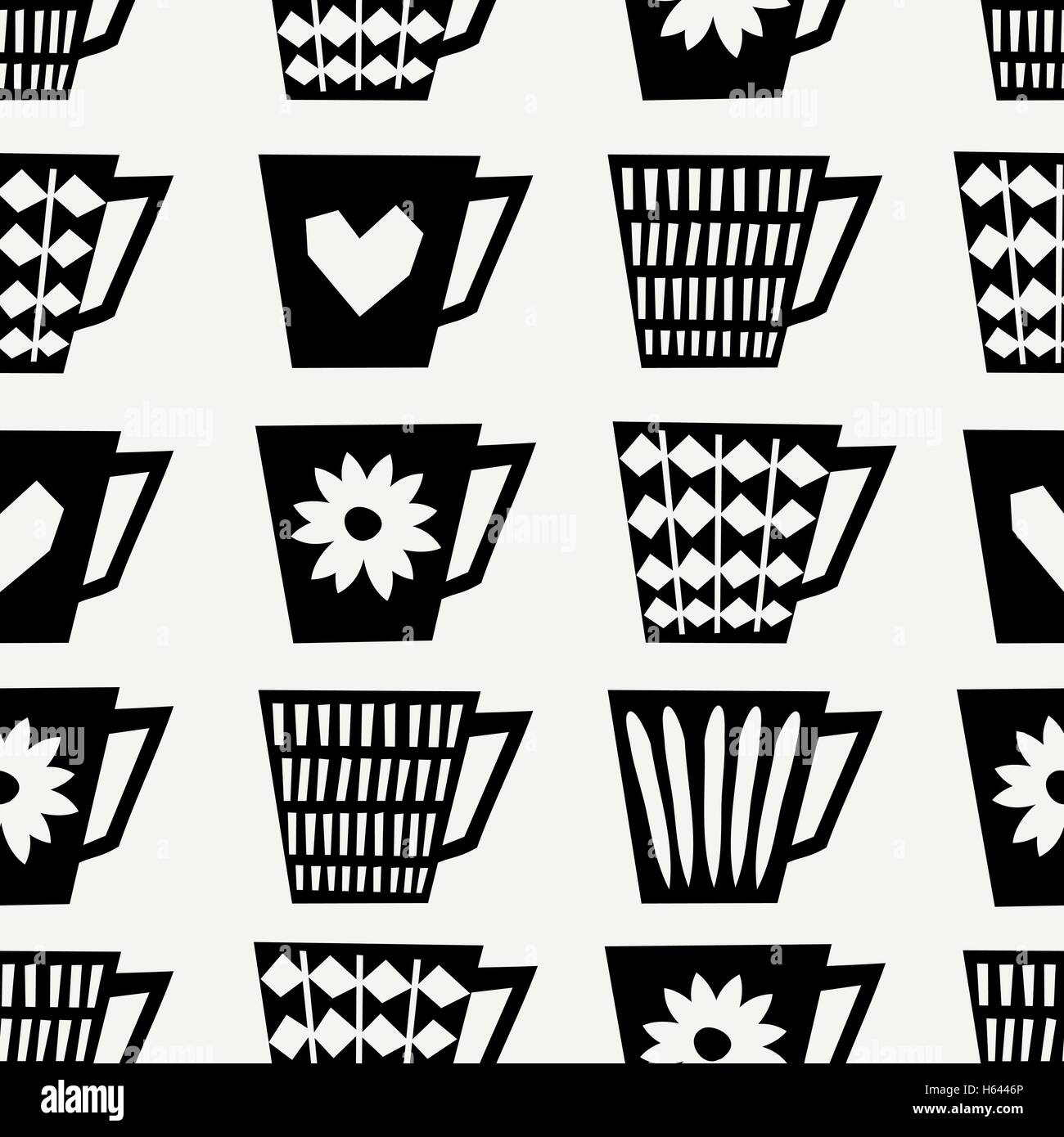 A metà secolo e in stile perfetta sequenza di ripetizione con tazze da caffè in nero su sfondo color crema. Illustrazione Vettoriale
