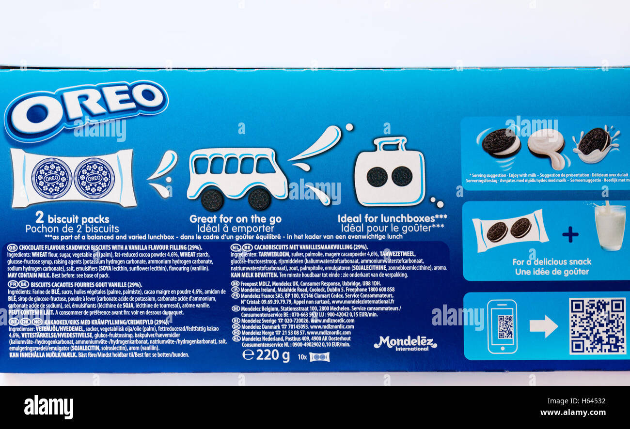 Dettagli sul retro di Oreo scatola di biscotti Foto Stock