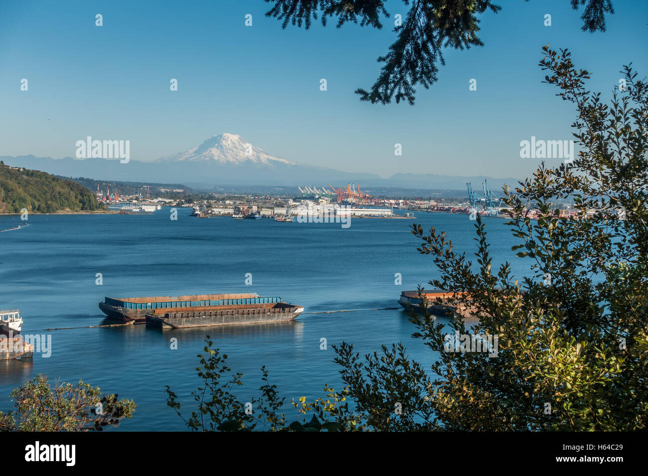 Mount Rainier sovrasta il porto di Tacoma. Foto Stock