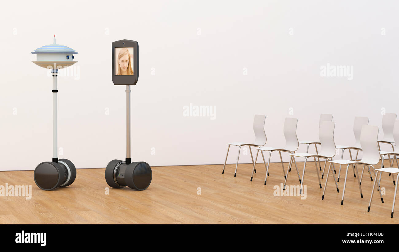 Donna su tablet schermata vuota nella sala conferenze con il robot Foto Stock