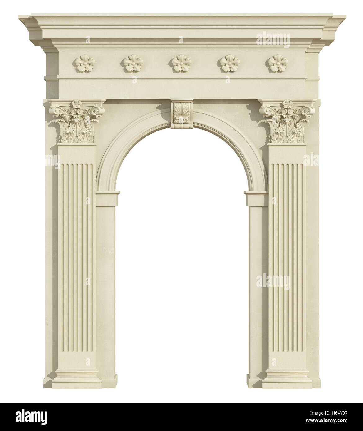 Vista frontale di un classico arco con colonne corinzie isolato su bianco - 3D Rendering Foto Stock