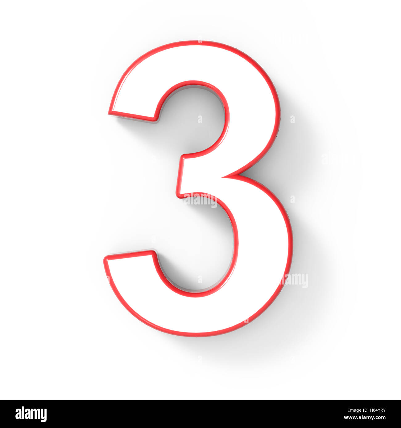 3D rendering numero bianco 3 con cornice rossa isolato su sfondo bianco, 3d illustrazione, vista dall'alto Foto Stock