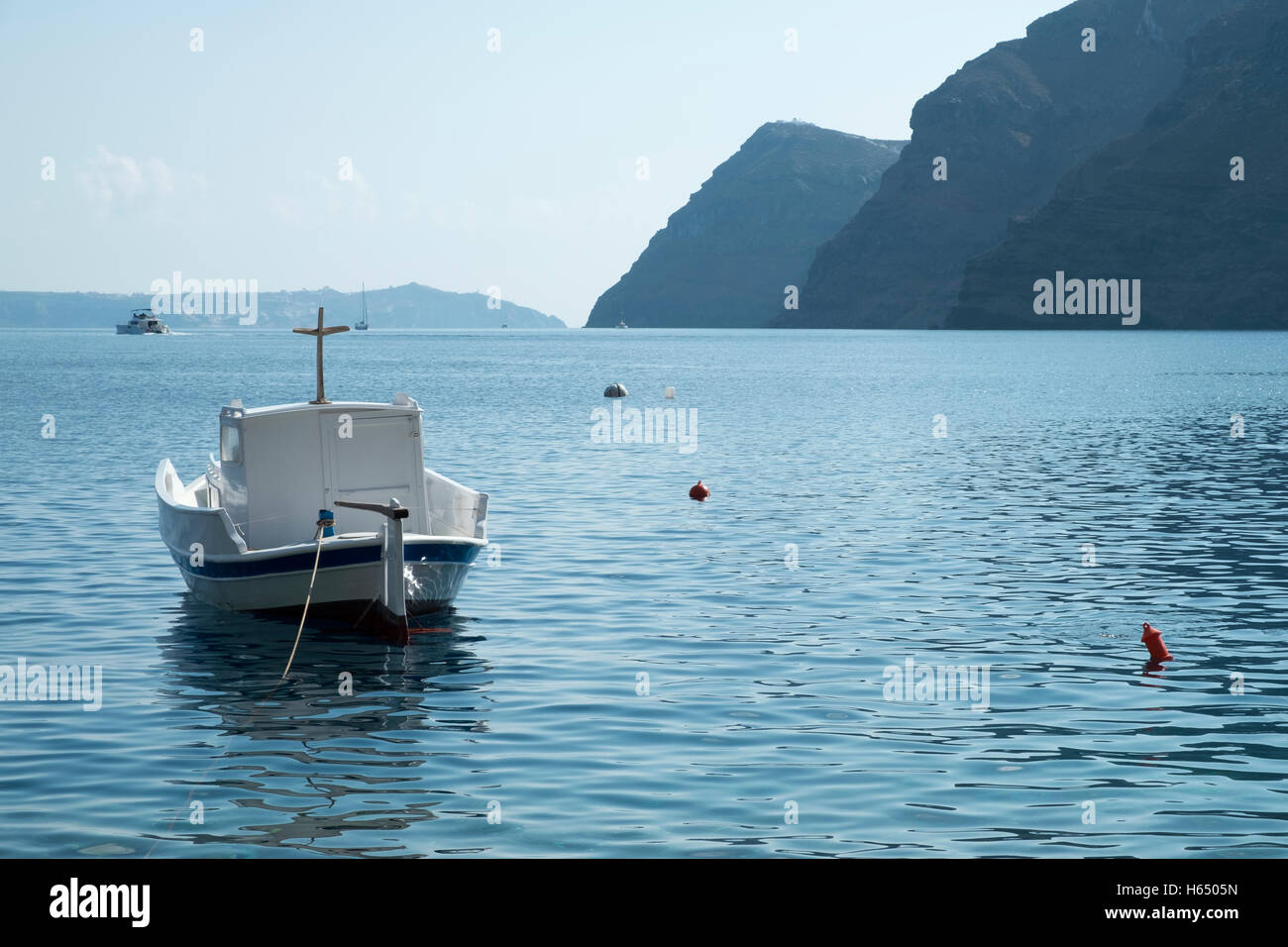 Vista delle isole di Santorini, Grecia da Thirasia Isola Foto Stock