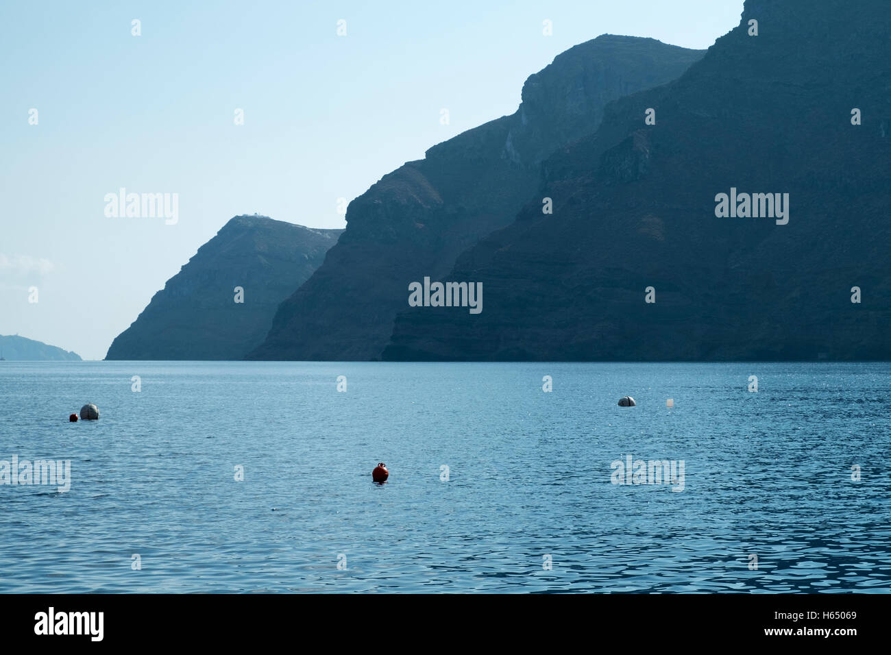 Vista delle isole di Santorini, Grecia da Thirasia Isola Foto Stock