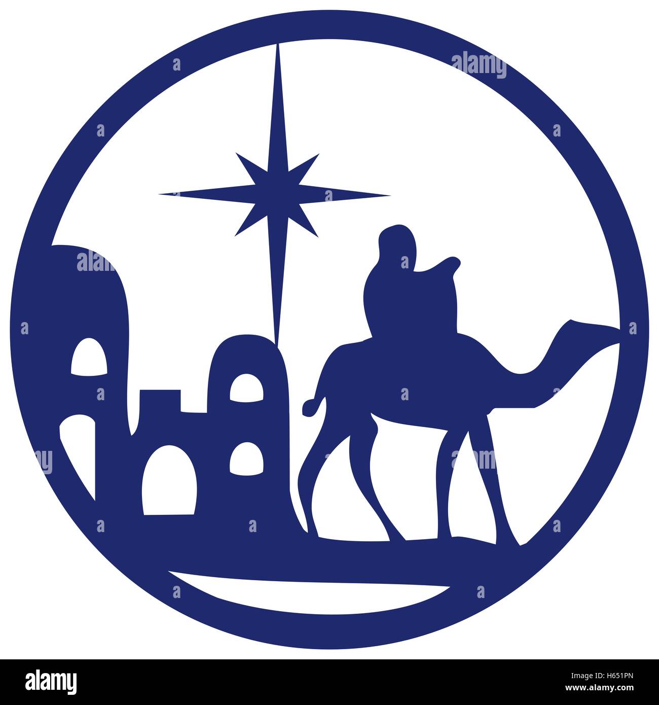 Adorazione dei Magi silhouette icona illustrazione vettoriale blu su sfondo bianco. Scena della Sacra Bibbia Illustrazione Vettoriale