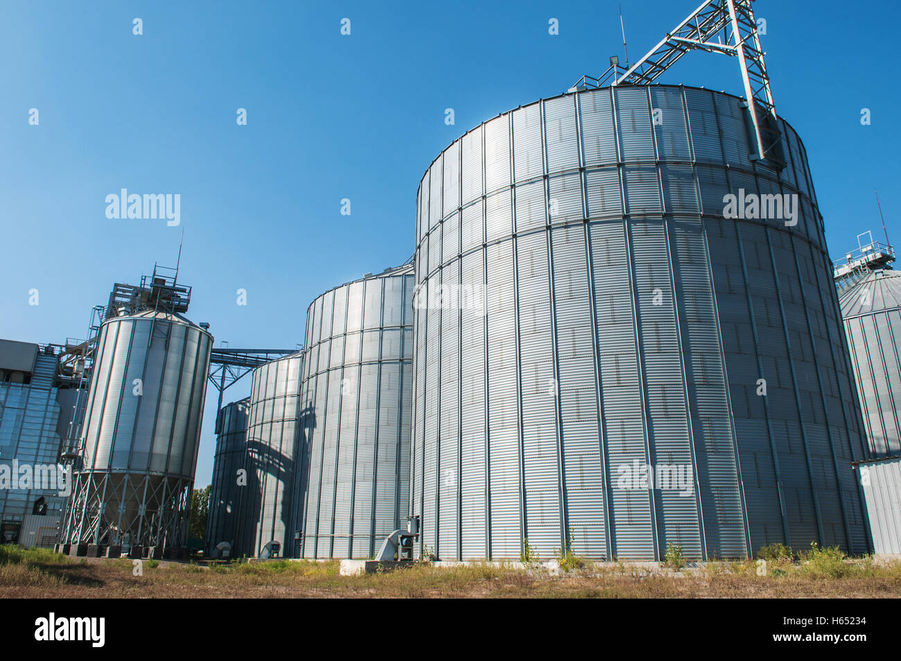 Ferro zincato silos per il grano in una fattoria in Europa orientale Foto Stock