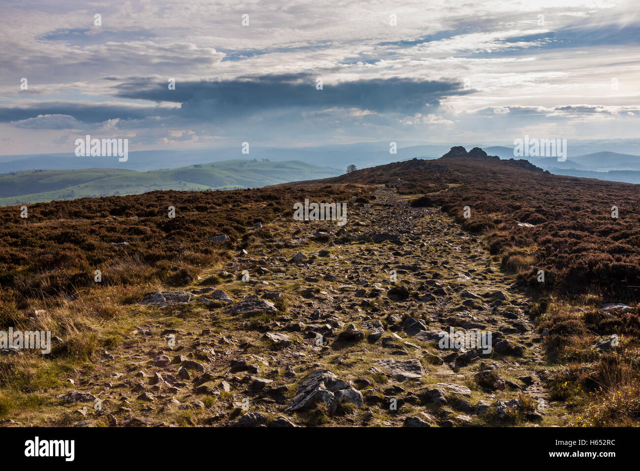 Guardando lungo il crinale Stiperstones verso Cranberry Rock con il Sud Shropshire nella distanza, England, Regno Unito Foto Stock