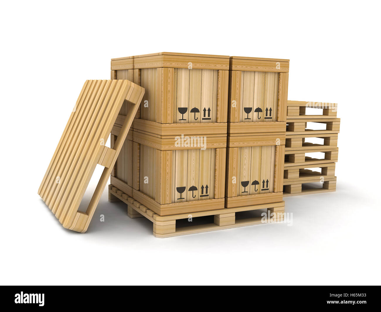 Il box di carico e del pallet su sfondo bianco (fatto in 3D rendering) Foto Stock