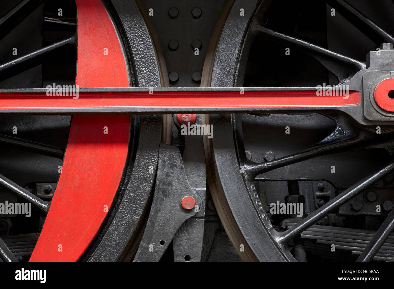 Locomotiva a vapore ruota e dettagli biella. Posizione orizzontale Foto Stock