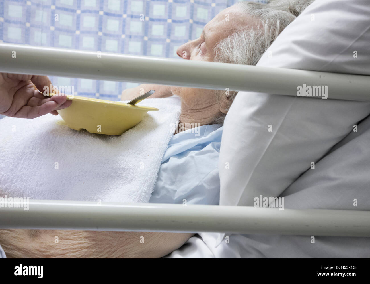 Figlio di incoraggiare novantenne madre a mangiare nella nazione Servizio Sanitario ospedale in Inghilterra, Regno Unito. Foto Stock