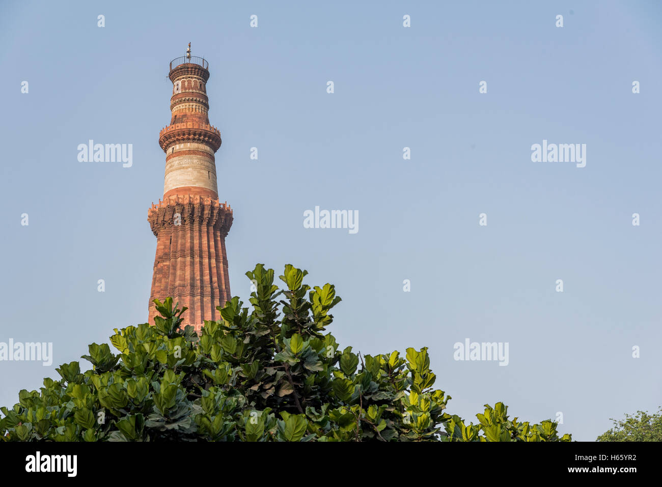 Vista del più alto minareto di mattoni nel mondo, Qutub Minar in New Delhi, India. Situato in Mehrauli, è 72 metri di altezza Foto Stock