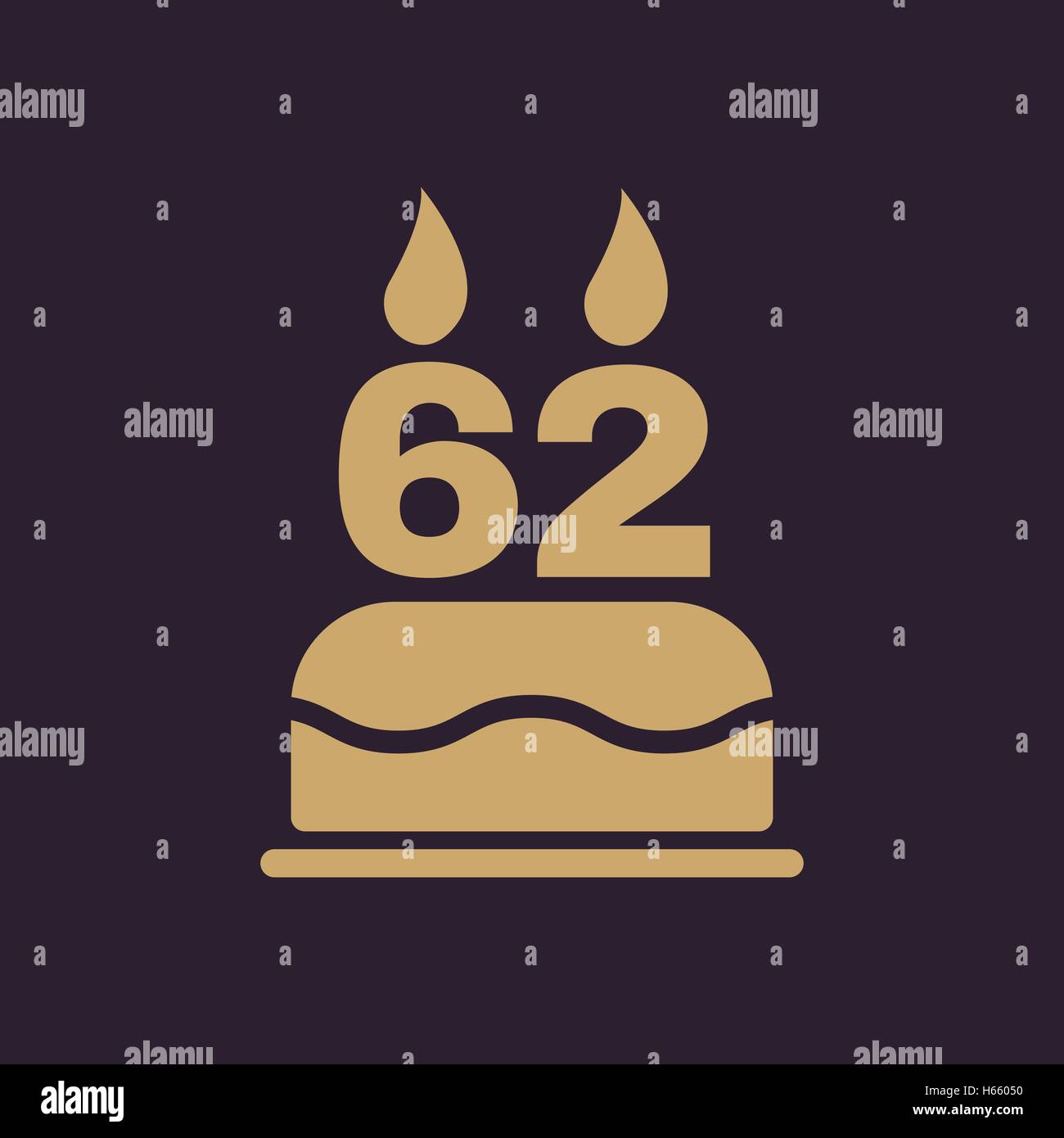 La torta di compleanno con candele sotto forma di numero di icona 62. Simbolo di compleanno. Appartamento Illustrazione Vettoriale