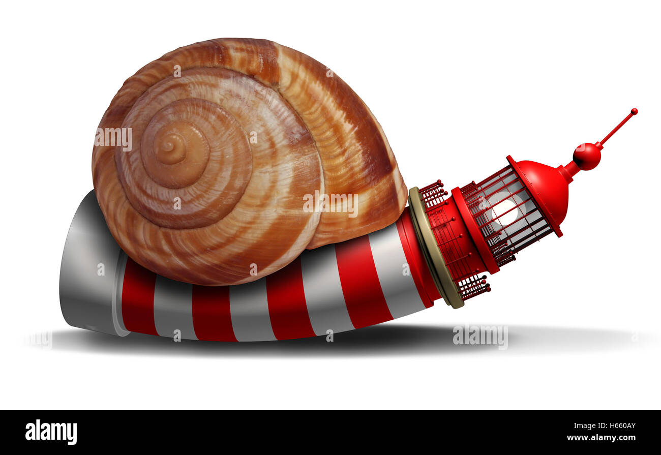 Lento il concetto di orientamento e stagnanti in direzione di guida con un faro o casa di luce sagomata come una lumaca in un business come simbolo della strategia in ritardo le informazioni con 3D'illustrazione degli elementi. Foto Stock