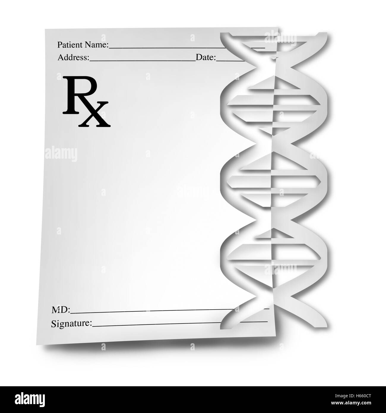 Medicina DNA concetto medico come un patrimonio genetico di prescrizione farmaci con un medico nota carta come una elica con un simbolo del genoma tagliato fuori la carta come 3D'illustrazione. Foto Stock